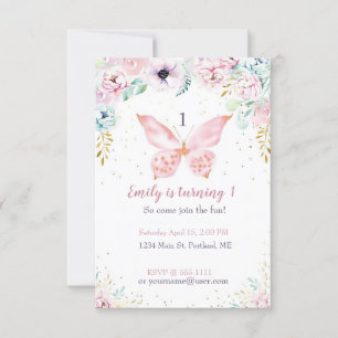 Pastellfarbene Blumen- und Schmetterlings-Geburtst Einladung