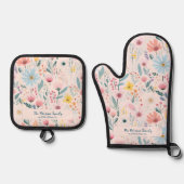 Pastellfarbene botanische Muster Familienname Ofenhandschuh & Topflappen-Set (Vorderseite)