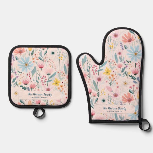 Pastellfarbene botanische Muster Familienname Ofenhandschuh & Topflappen-Set (Vorderseite)