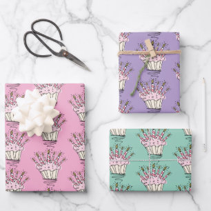 Pastellfarbene Geburtstag-Cupcake-Muffin-Doodle Geschenkpapier Set
