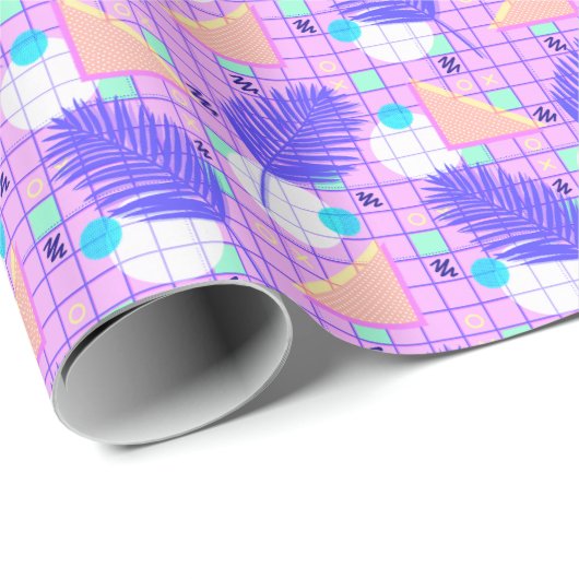 pastellfarbene geometrische Memphis-Palme-Blätter Geschenkpapier (Rolleneckpunkt)