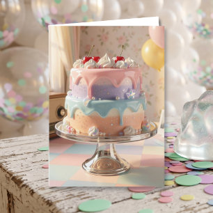 Pastellfarbene Glas-Geburtstagstorte mit Kirschen Karte