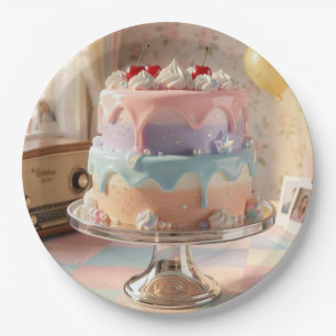 Pastellfarbene Glas-Geburtstagstorte mit Kirschen Pappteller