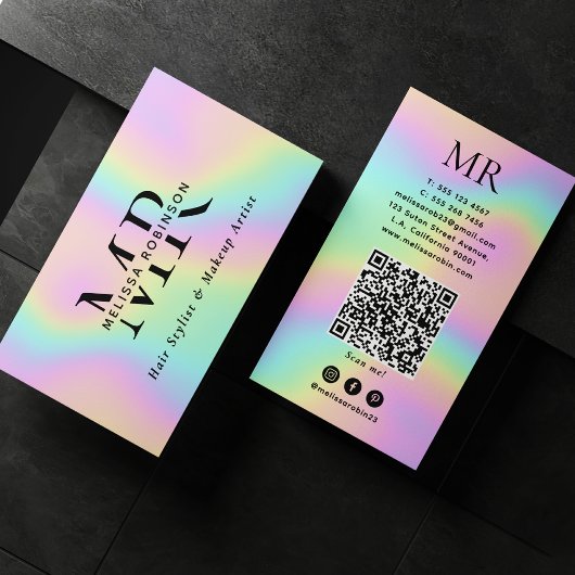 Pastellfarbene holografische Monogramm und QR-Code Visitenkarte