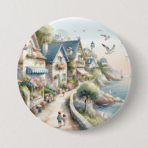 Pastellfarbene Küsten-Cottage-Dorf-Flucht Button