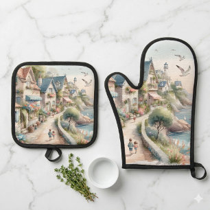 Pastellfarbene Küsten-Cottage-Dorf-Flucht Ofenhandschuh & Topflappen-Set
