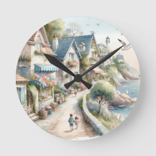 Pastellfarbene Küsten-Cottage-Dorf-Flucht Runde Wanduhr