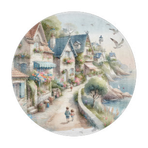 Pastellfarbene Küsten-Cottage-Dorf-Flucht Schneidebrett