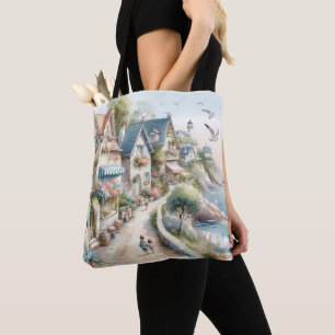 Pastellfarbene Küsten-Cottage-Dorf-Flucht Tasche