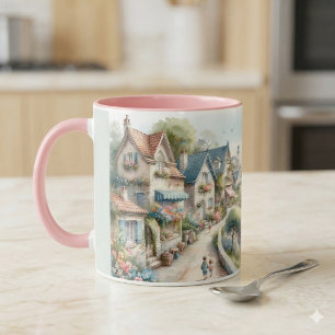 Pastellfarbene Küsten-Cottage-Dorf-Flucht Tasse