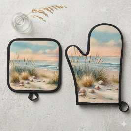 Pastellfarbene Küsten-Dünen Aquarell Ofenhandschuh & Topflappen-Set