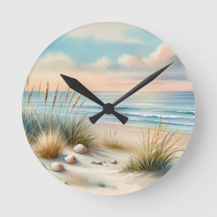 Pastellfarbene Küsten Dünen Aquarell Runde Wanduhr