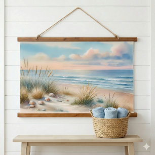 Pastellfarbene Küsten-Dünen Aquarell Wandteppich Mit Holzrahmen