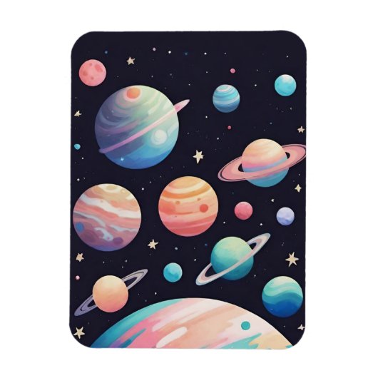 Pastellfarbene Planeten im dunklen Raum Magnet (Vertikal)