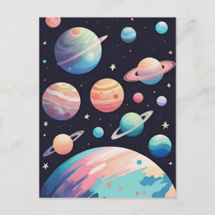 Pastellfarbene Planeten im dunklen Raum Postkarte