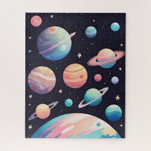 Pastellfarbene Planeten im dunklen Raum Puzzle