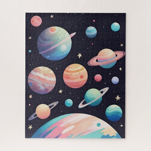 Pastellfarbene Planeten im dunklen Raum Puzzle (Vertikal)