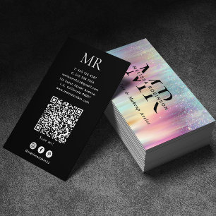 Pastellfarbene Regenbogen-Glitter-Monogramm & QR-C Visitenkarte