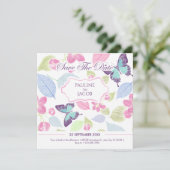 Pastellfarbene, rosa grüne Blätter Schmetterlinge Save The Date (Stehend Vorderseite)