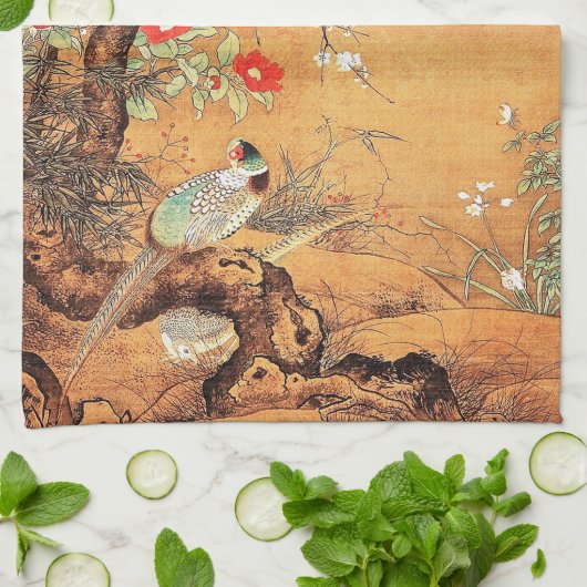 Pastellfarbene und kamellische chinesische Farbkun Geschirrtuch (Gefaltet)