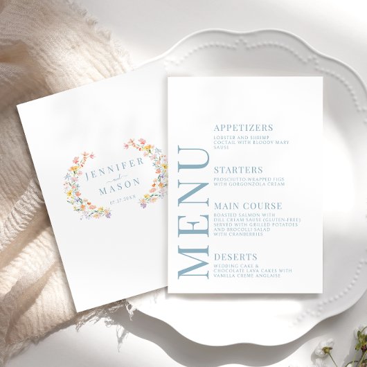 Pastellfarbene Wildblumen Hochzeitmenükarten Begleitkarte