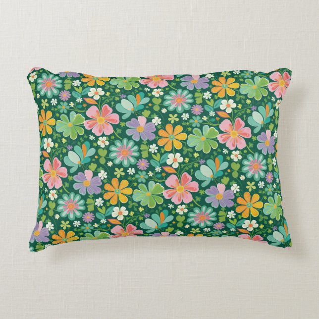 Pastellfarbene Wildblumen in rosa, Lila orange und Dekokissen (Vorderseite)