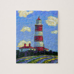Pastellfarbener Leuchtturm und Lavendelfelder Puzzle