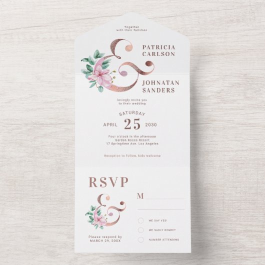 Pastellfeder Rosa Blütenrosa elegante Hochzeit All In One Einladung (Innen Boden)