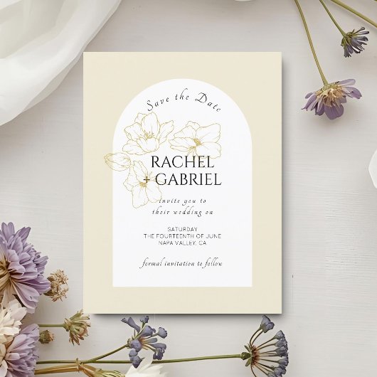 Pastellgelb | Boho Arch Gold Floral Wedding Save The Date