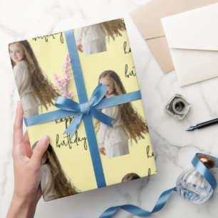 Pastellgelb & Geburtstagstext und Foto - Geschenkpapier