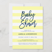 Pastellgelb & weiße Streifen Blauer Babydusche Einladung (Vorderseite)