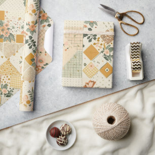 Pastellgelbe Pfirsich-Quilt-Gingham-Polka-Dot  Geschenkpapier