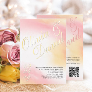 Pastellgelbe rosa Wasserfarbe RSVP QR Hochzeit Folieneinladung