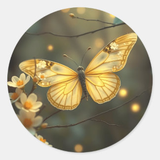 Pastellgelbe Schmetterling mit Twigs und Blume Runder Aufkleber