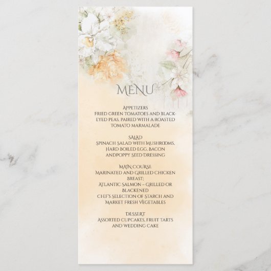 Pastellgelbe und rosafarbene Blumenzehen Menükarte (Vorderseite)