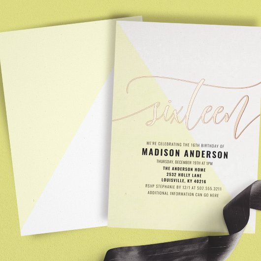 Pastellgelber Farbblock Sweet 16 Geburtstagsparty Folieneinladung