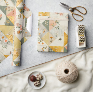 Pastellgelber Pfirsich-Quilt Gingham-Punkte Geschenkpapier