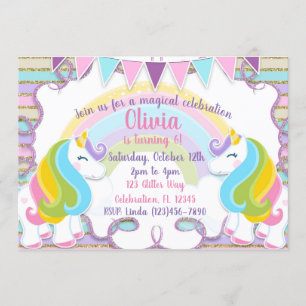 PastellGlitzerunicorns-Mädchen-Geburtstag Einladung