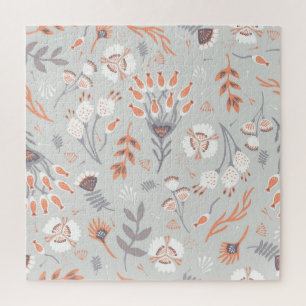 Pastellgrau Orangefarbenes Blumenmuster: Vintage-E Puzzle