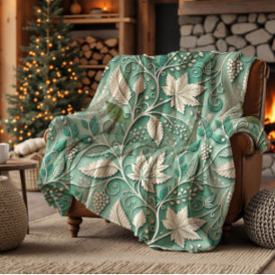 Pastellgrün Beige Vintage Botanisches Muster Fleecedecke