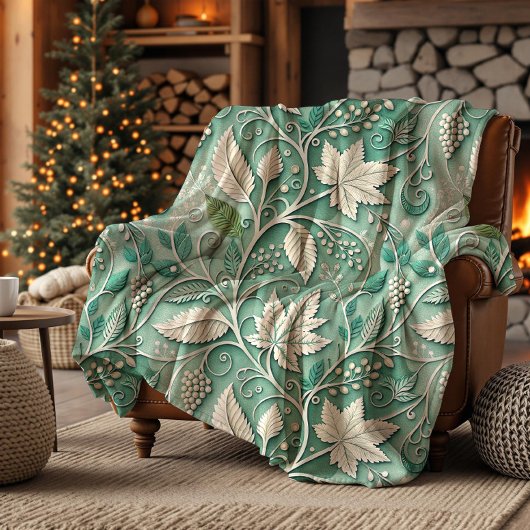 Pastellgrün Beige Vintage Botanisches Muster Fleecedecke