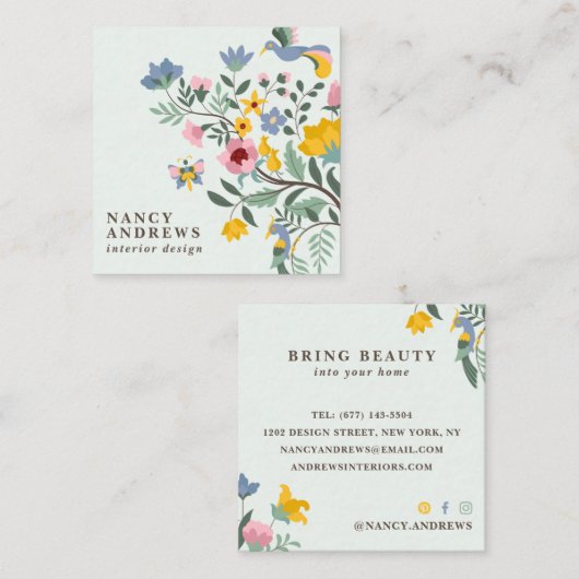 Pastellgrün Blumenstrauß, kichkische Darstellung Quadratische Visitenkarte (Vorne/Hinten)