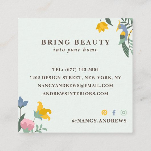 Pastellgrün Blumenstrauß, kichkische Darstellung Quadratische Visitenkarte (Rückseite)