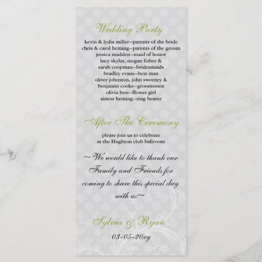 Pastellgrün-Hochzeitsprogramm Programm (Rückseite)