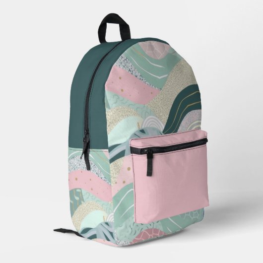 Pastellgrün Pink Gold Wavy Muster Bedruckter Rucksack (Rückseitige Ecke links)