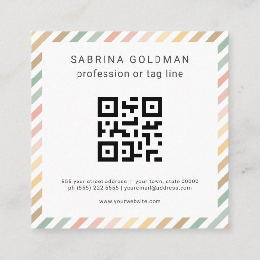 Pastellgrün rosa Korallengelbe Streifen QR CODE Quadratische Visitenkarte (Rückseite)