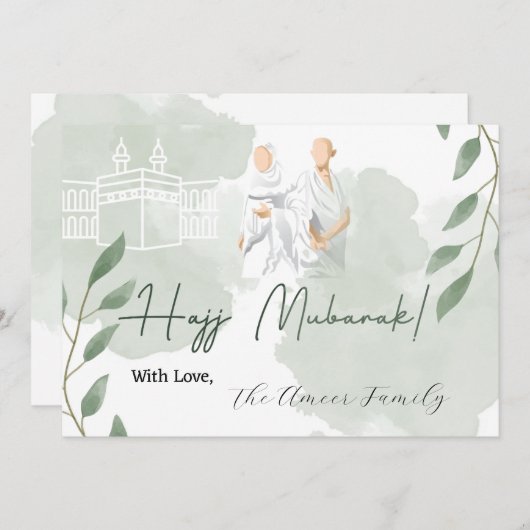 Pastellgrüne Blätter mit Hajj Mubarak-Nachricht Mitteilungskarte (Vorne/Hinten)