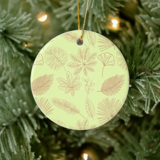 Pastellgrünes und Beiges Blätter-Muster Keramik Ornament (Baum)