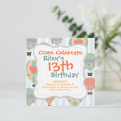 Pastellheiße Luftballons steigen auf blaugestreift Einladung (Stehend Vorderseite)