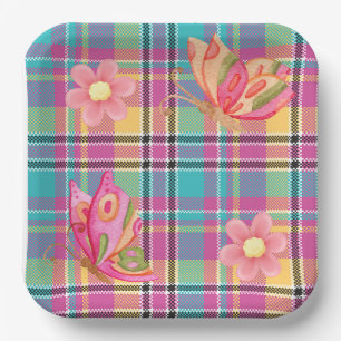 Pastellkariert mit Schmetterlingen und Blumen Quad Pappteller
